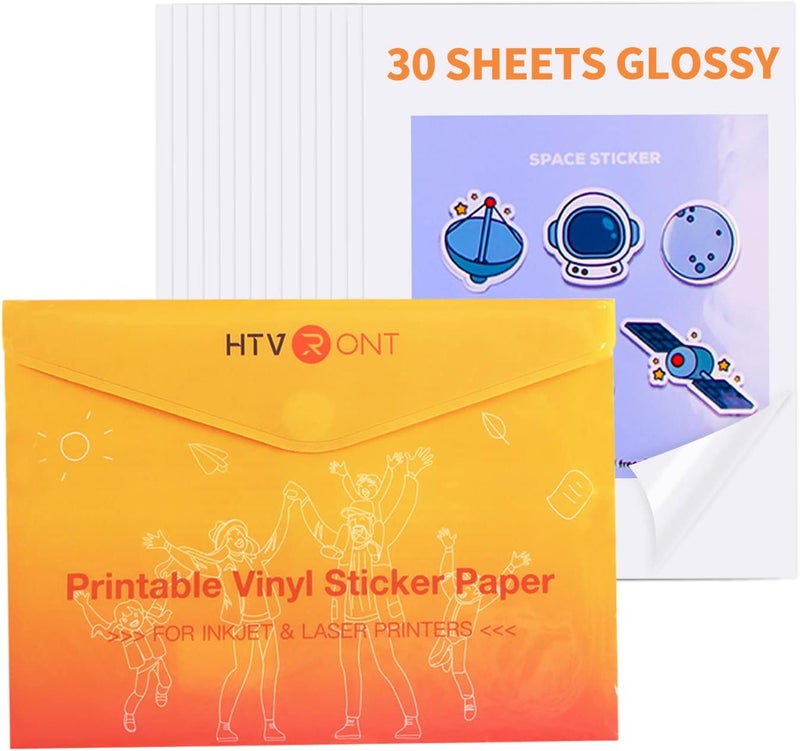 HTVRONT Printable Vinyl Sticker Paper - 30 Sheets Glossy Waterproof Sticker Paper for Inkjet Printer & Laser Printer, Dries Quickly & Tear Resistant 8.5"x11" - Image 1